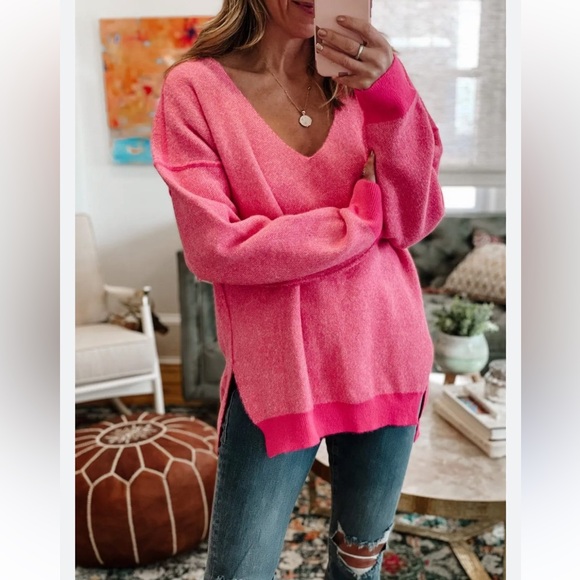 Free People Sweater Weather V-neck sweater pink knit pullover side hem slits - Picture 12 of 12